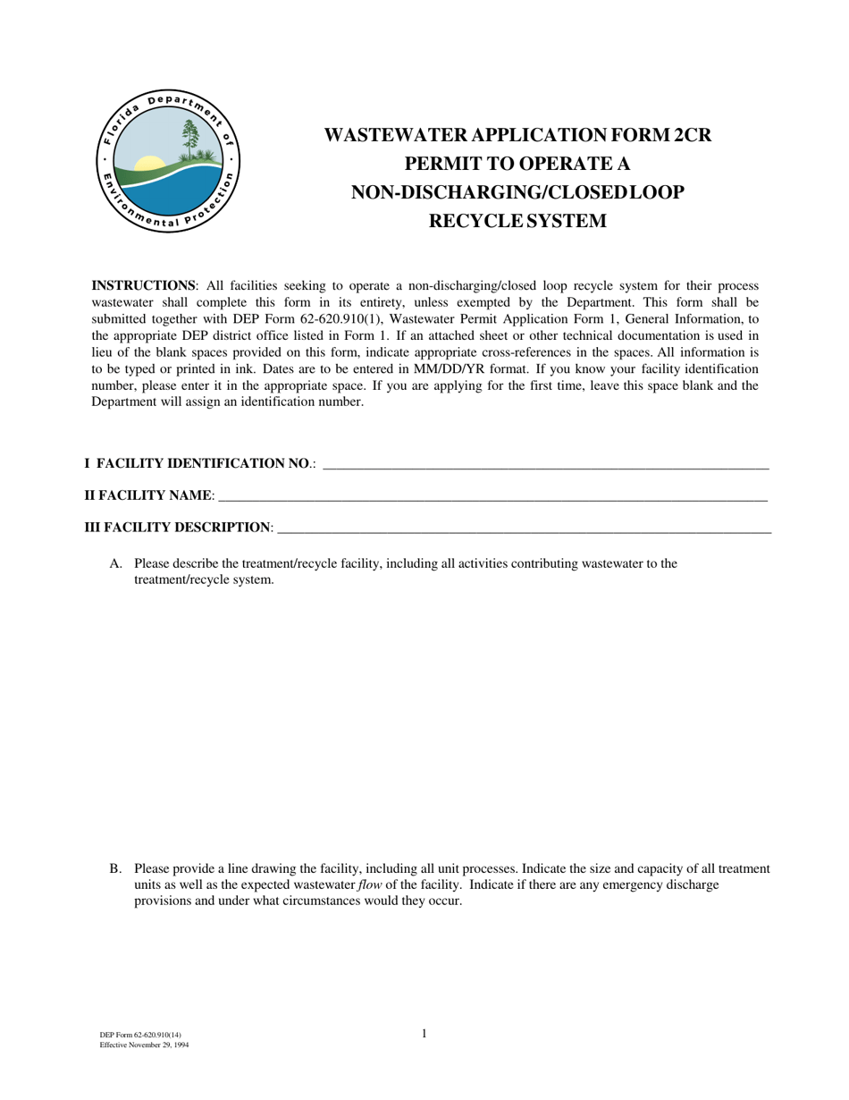 Form 2CR (DEP Form 62-620.910(14)) Permit to Operate a Non-discharging / Closedloop Recycle System - Florida, Page 1
