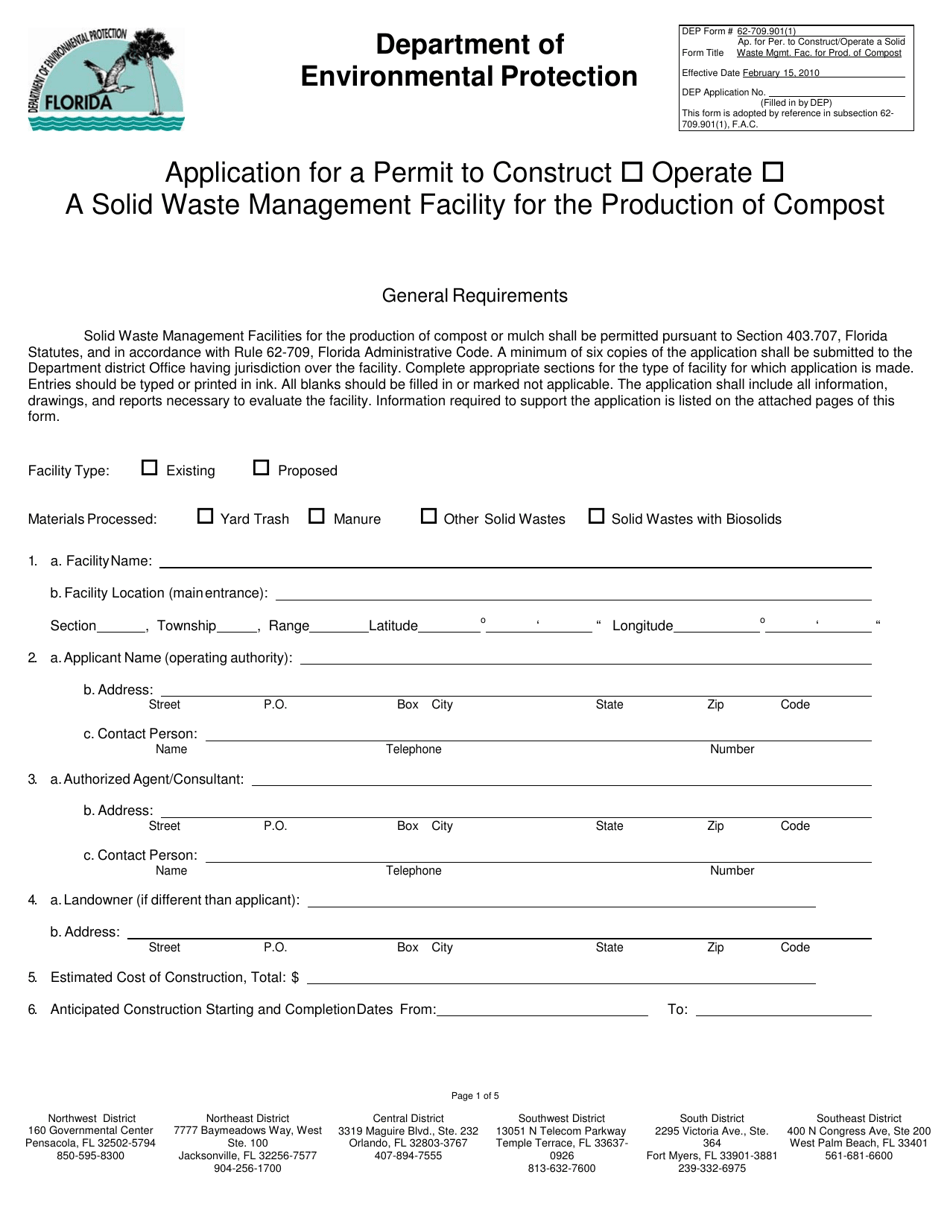 DEP Form 62-709.901(1) Application for a Permit to Construct / Operate a Solid Waste Management Facility for the Production of Compost - Florida, Page 1