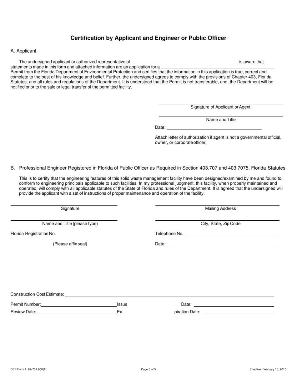 DEP Form 62-709.901(1) Application for a Permit to Construct / Operate a Solid Waste Management Facility for the Production of Compost - Florida, Page 5