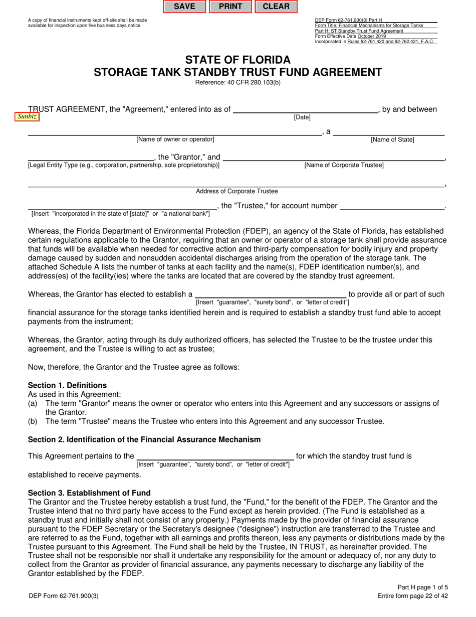 DEP Form 62-761.900(3) Part H Storage Tank Standby Trust Fund Agreement - Florida, Page 1