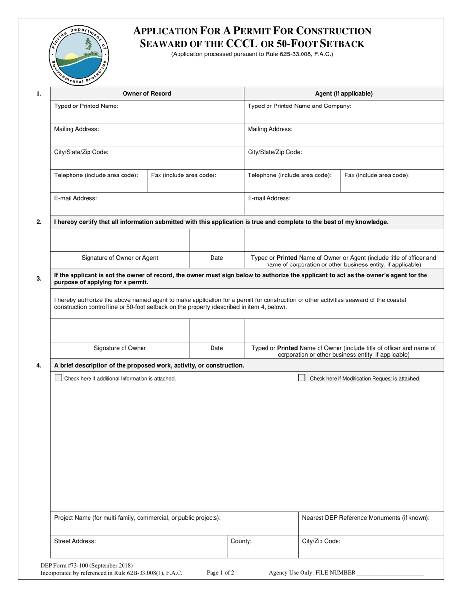 DEP Form 73-100 Application for a Permit for Construction Seaward of the Cccl or 50-foot Setback - Florida, Page 1