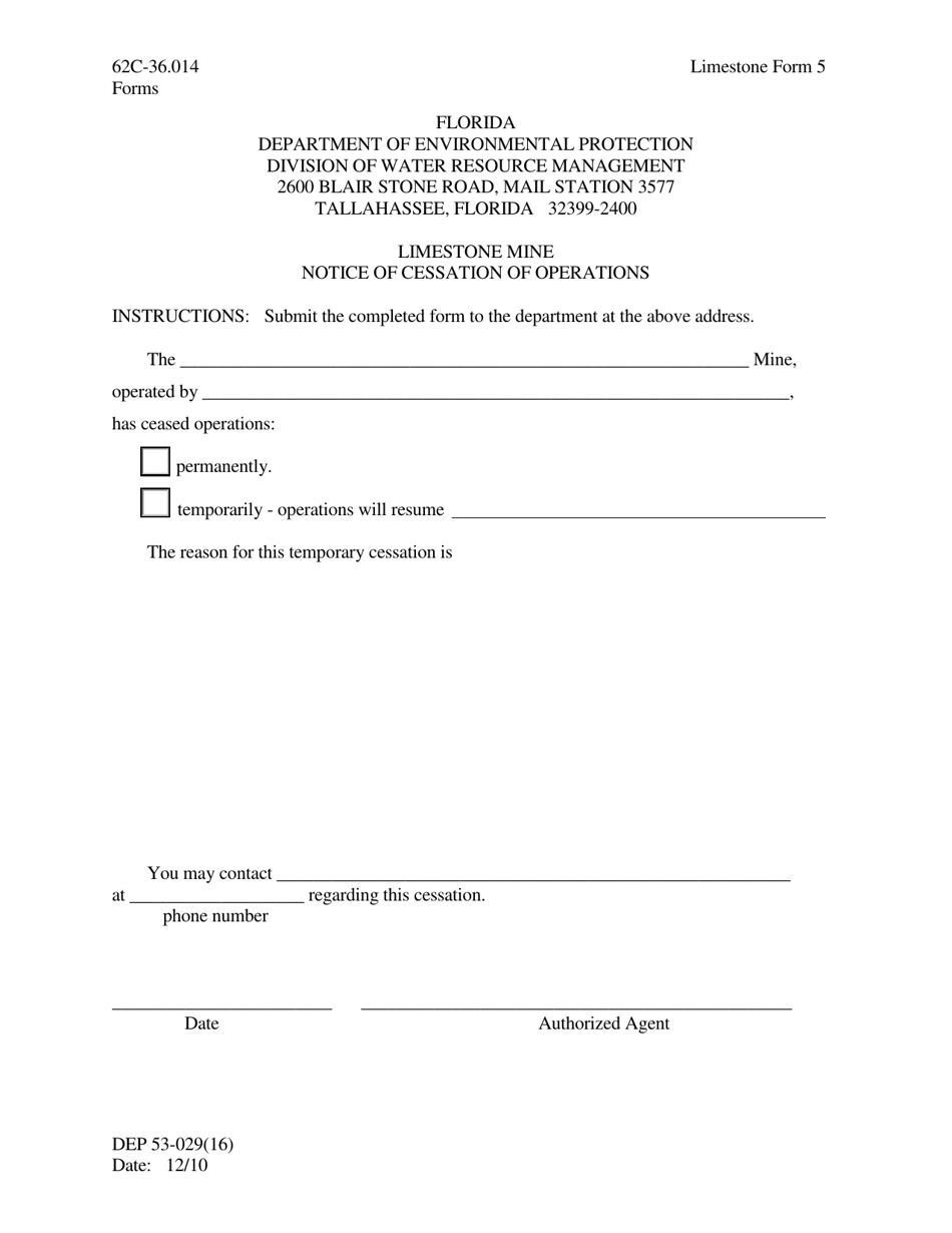 Limestone Form 5 (DEP53-029(16)) Limestone Mine Notice of Cessation of Operations - Florida, Page 1