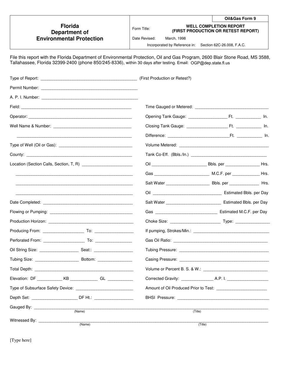 OilGas Form 9 Well Completion Report (First Production or Retest Report) - Florida, Page 1