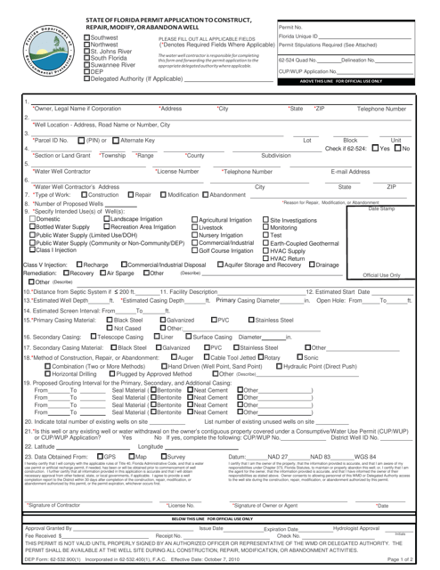 DEP Form 62-532.900(1) State of Florida Permit Application to Construct, Repair, Modify, or Abandon a Well - Florida