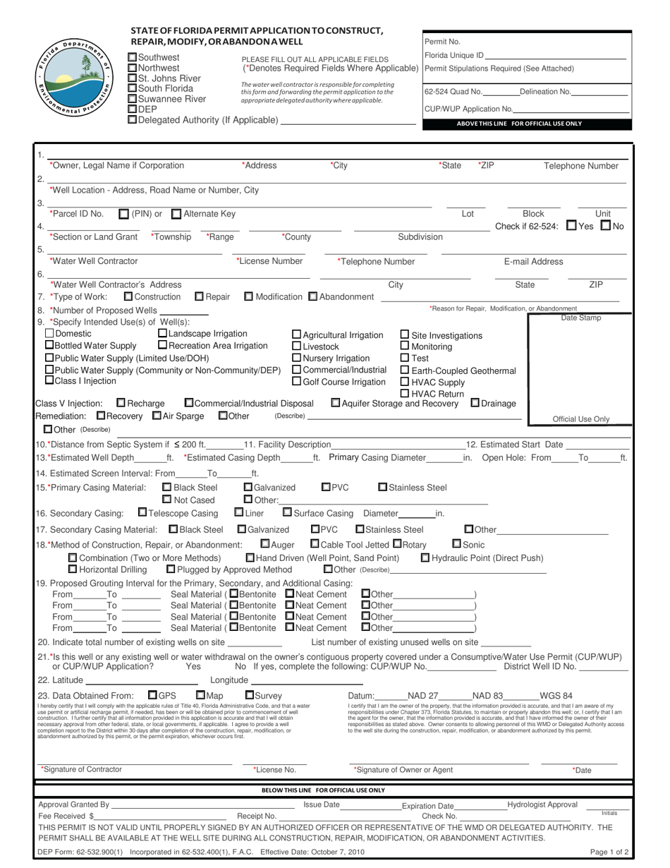 DEP Form 62-532.900(1) State of Florida Permit Application to Construct, Repair, Modify, or Abandon a Well - Florida, Page 1