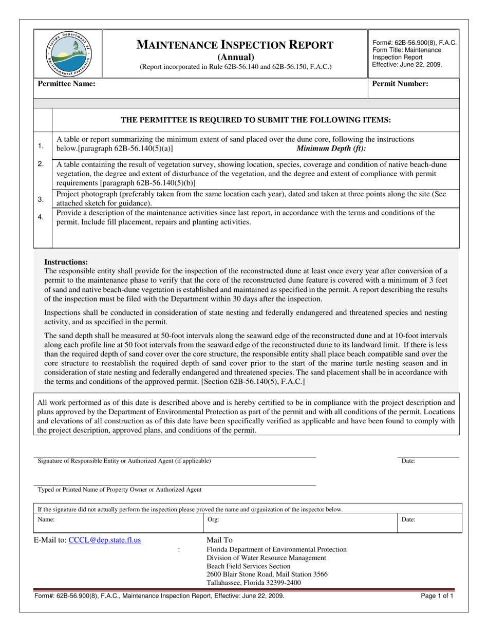 Form 62B-56.900(8) Maintenance Inspection Report (Annual) - Florida, Page 1