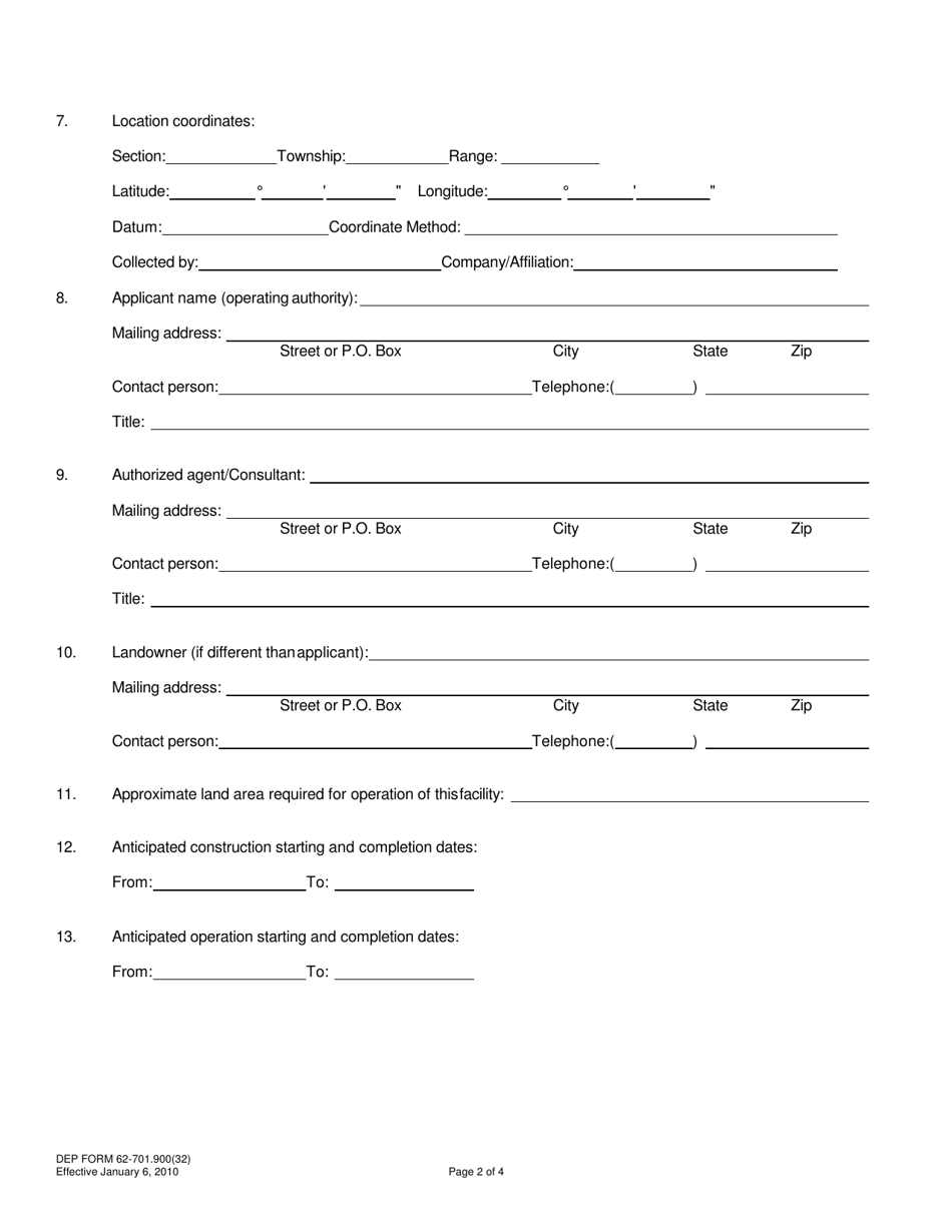 DEP Form 62-701.900(32) Application for a Permit to Construct and Operate a Research, Development and Demonstration Facility - Florida, Page 2