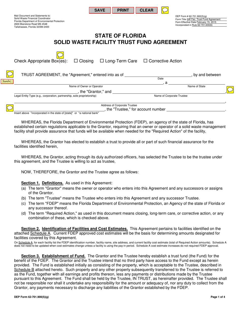 DEP Form 62-701.900(5)(G) Solid Waste Facility Trust Fund Agreement - Florida, Page 1