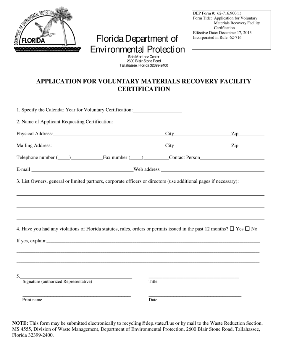 DEP Form 62-716.900(1) Application for Voluntary Materials Recovery Facility Certification - Florida, Page 1