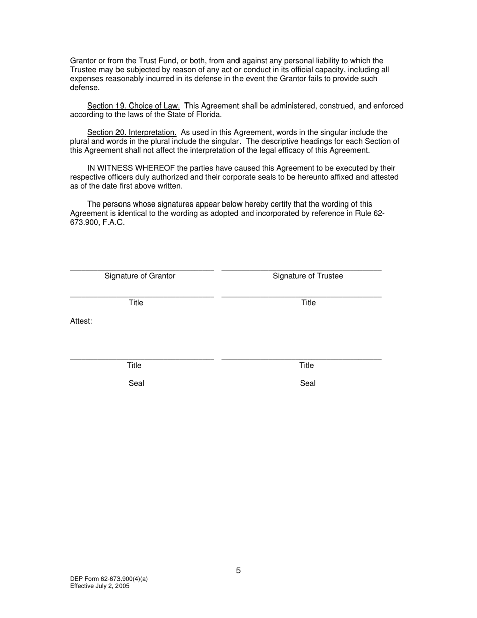 DEP Form 62-673.900(4)(A) Phosphogypsum Stack System Trust Fund Agreement to Demonstrate Closure, Water Management and / or Long-Term Care Financial Assurance - Florida, Page 5