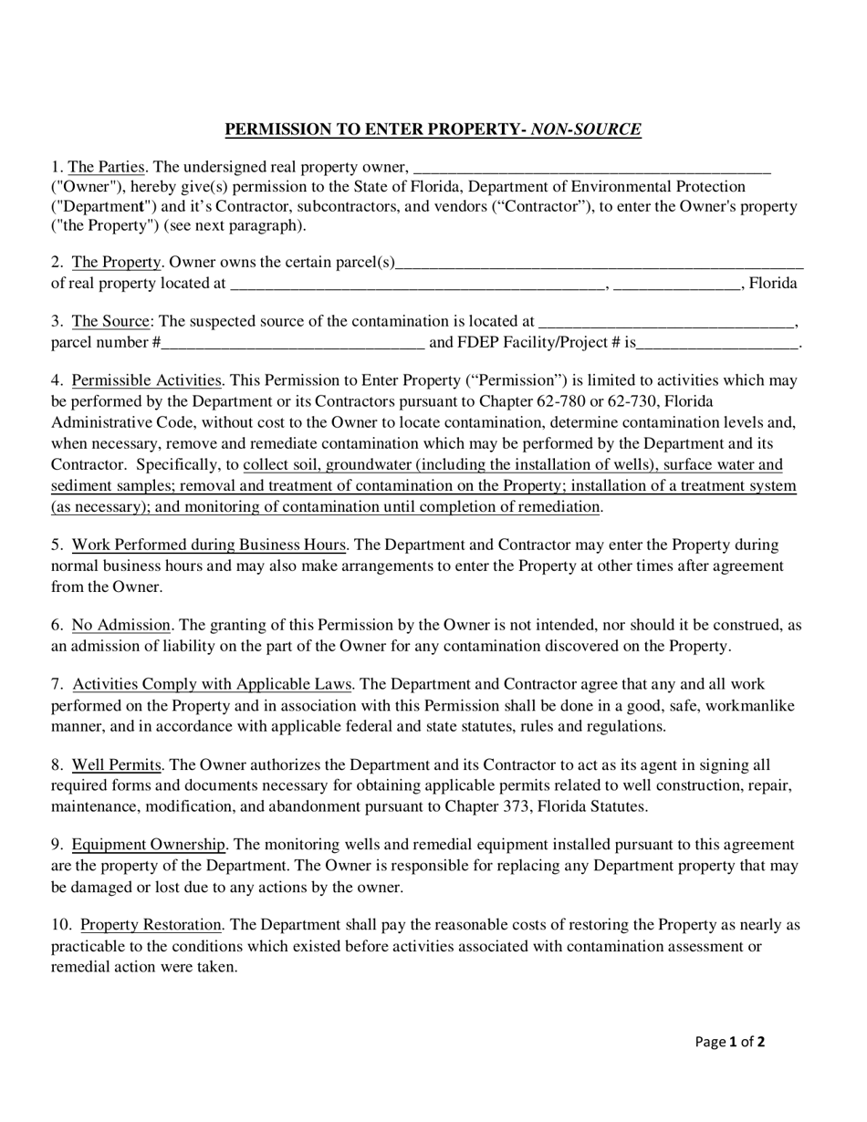 Permission to Enter Property- Non-source - Short Form - Florida, Page 1