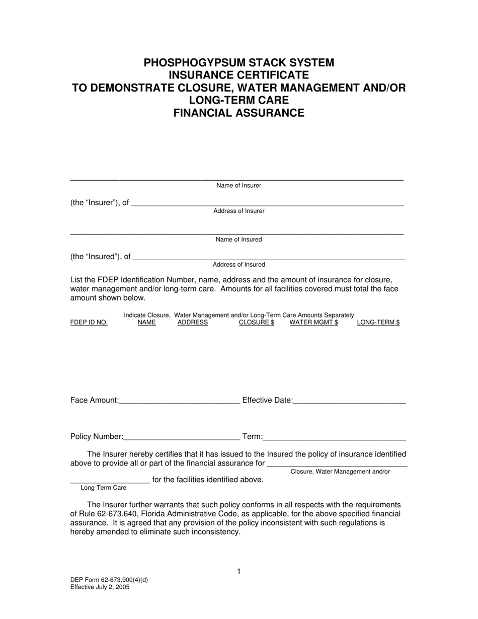 DEP Form 62-673.900(4)(D) Phosphogypsum Stack System Insurance Certificate to Demonstrate Closure, Water Management and / or Long-Term Care Financial Assurance - Florida, Page 1