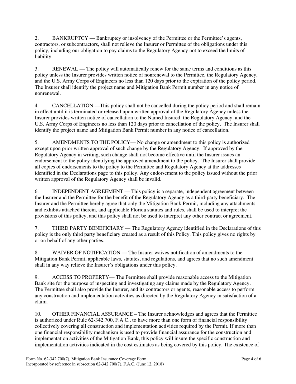 Form 62-342.700(7) Mitigation Bank Insurance Coverage Form - Florida, Page 4