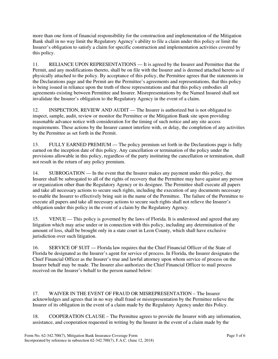 Form 62-342.700(7) Mitigation Bank Insurance Coverage Form - Florida, Page 5