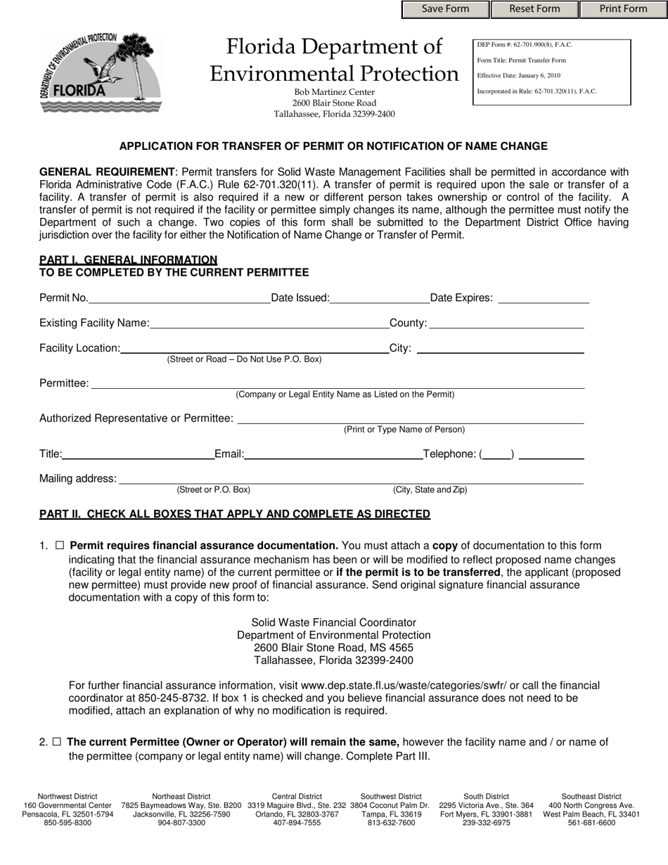 DEP Form 62-701.900(8) Application for Transfer of Permit or Notification of Name Change - Florida, Page 1