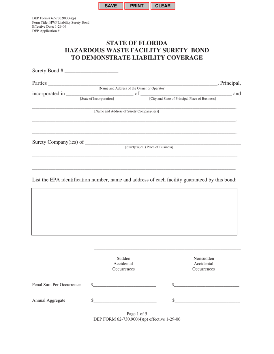 DEP Form 62-730.900(4)(P) Hazardous Waste Facility Surety Bond to Demonstrate Liability Coverage - Florida, Page 1