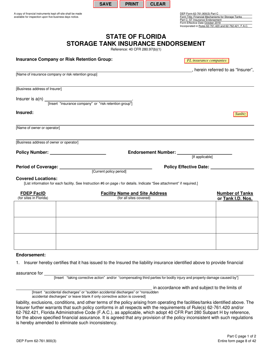 DEP Form 62-761.900(3) Part C Storage Tank Insurance Endorsement - Florida, Page 1