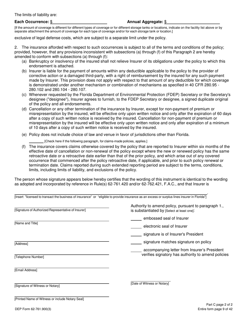 DEP Form 62-761.900(3) Part C Storage Tank Insurance Endorsement - Florida, Page 2