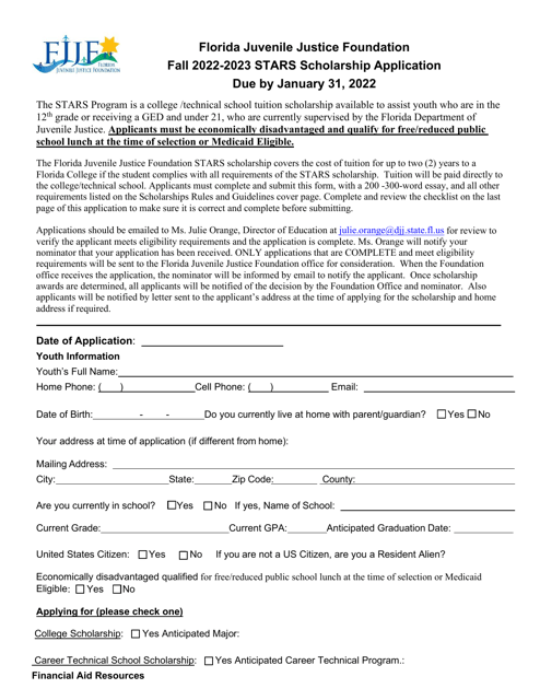Stars Scholarship Application - Florida Juvenile Justice Foundation - Florida, 2023