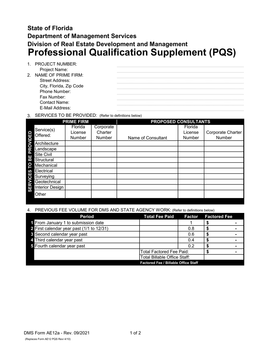 DMS Form AE12A Professional Qualification Supplement (Pqs) - Florida, Page 1