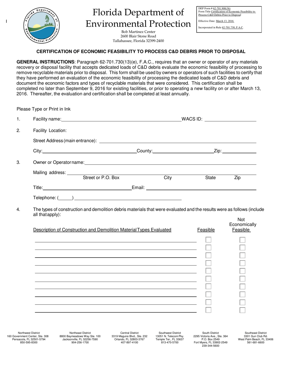 DEP Form 62-701.900(36) Certification of Economic Feasibility to Process Cd Debris Prior to Disposal - Florida, Page 1