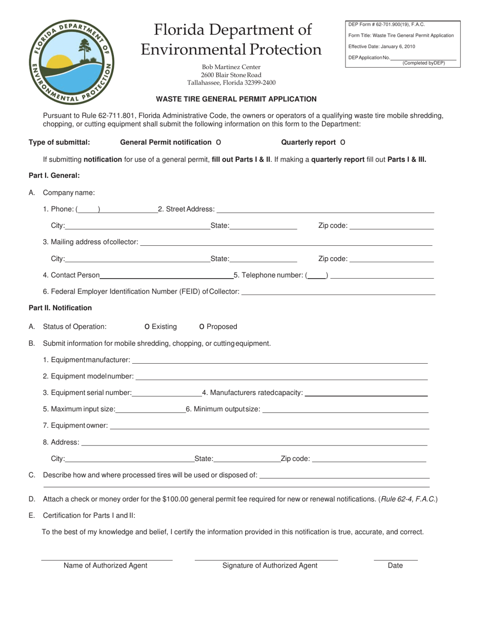 DEP Form 62-701.900(19) Waste Tire General Permit Application - Florida, Page 1