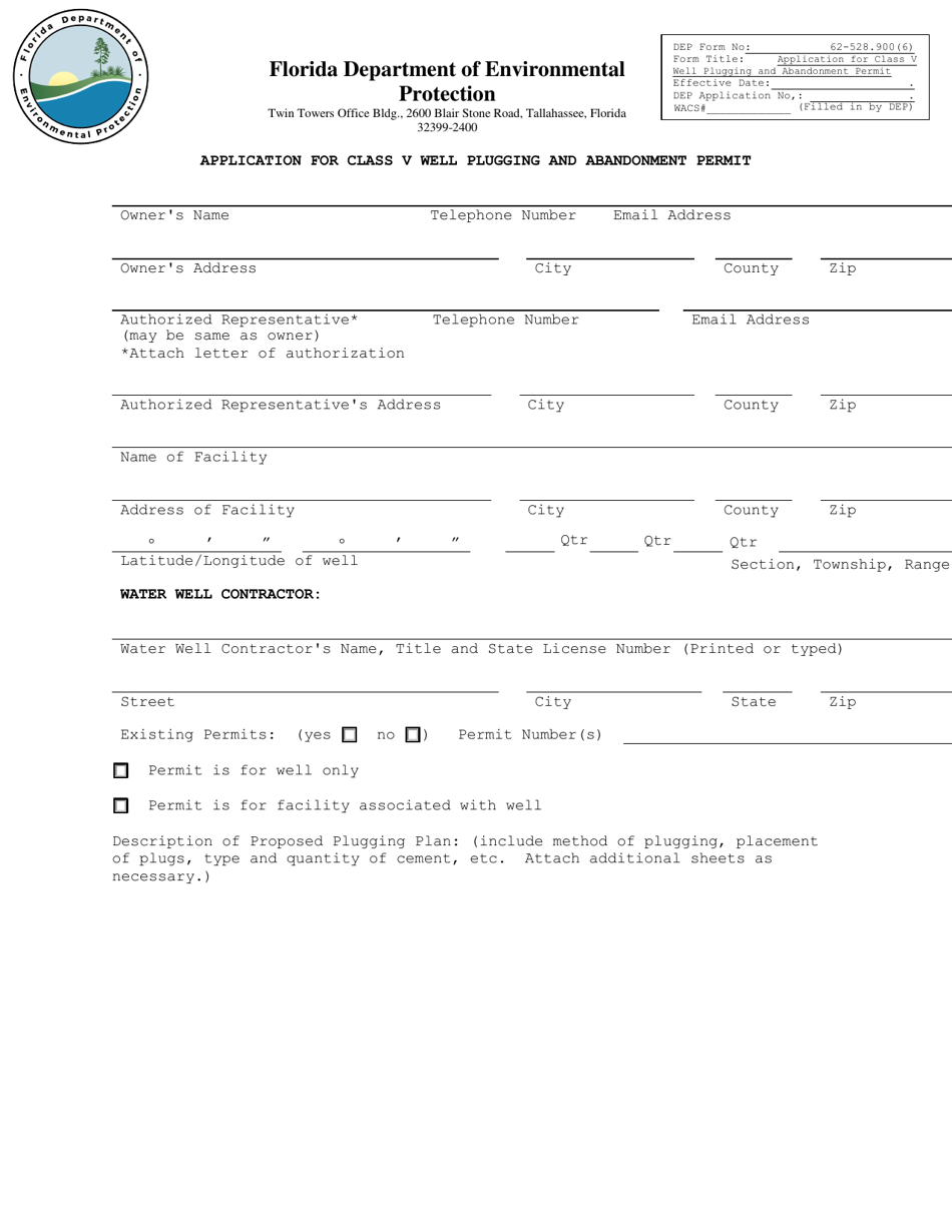 DEP Form 62-528.900(6) Application for Class V Well Plugging and Abandonment Permit - Florida, Page 1