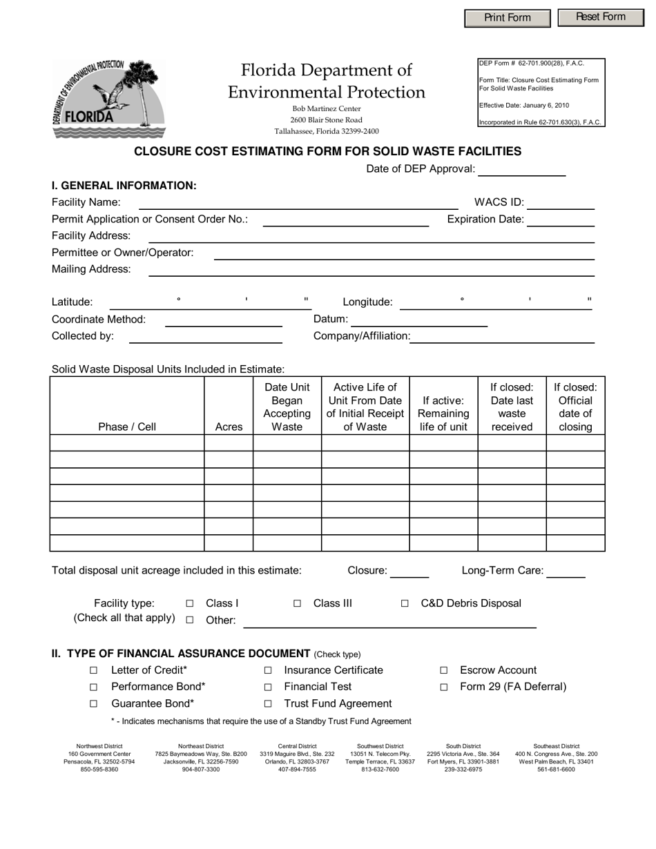 DEP Form 62-701.900(28) Closure Cost Estimating Form for Solid Waste Facilities - Florida, Page 1