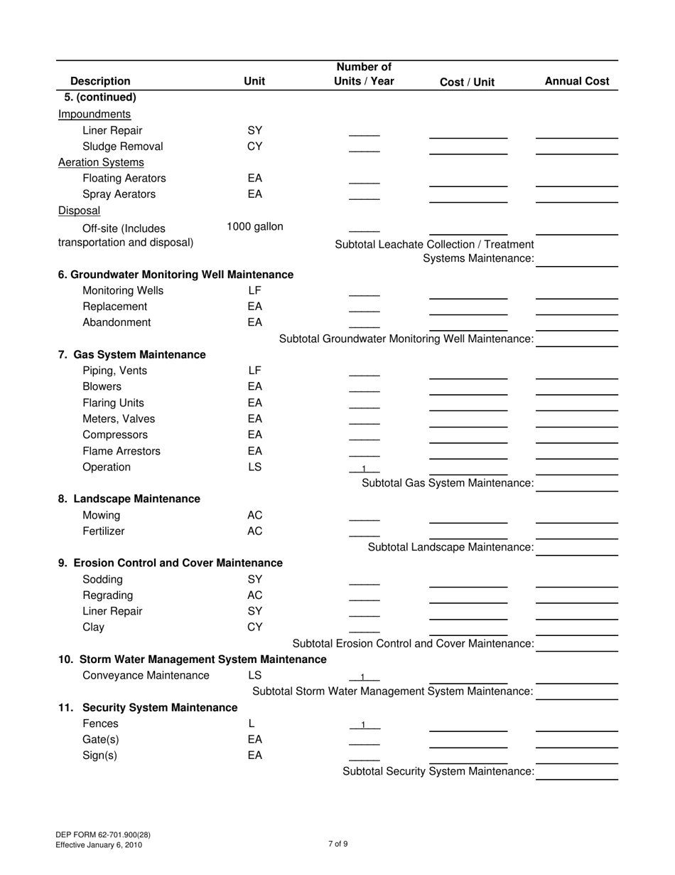DEP Form 62-701.900(28) Closure Cost Estimating Form for Solid Waste Facilities - Florida, Page 7
