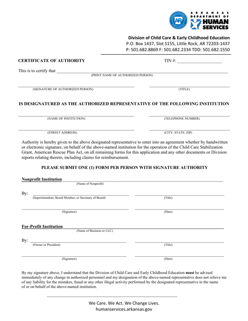 Certificate of Authority - Arkansas Download Pdf
