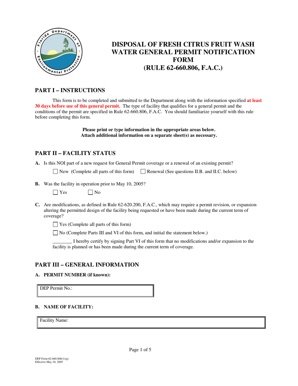 DEP Form 62-660.806(1)(G) Disposal of Fresh Citrus Fruit Wash Water General Permit Notification Form - Florida, Page 1