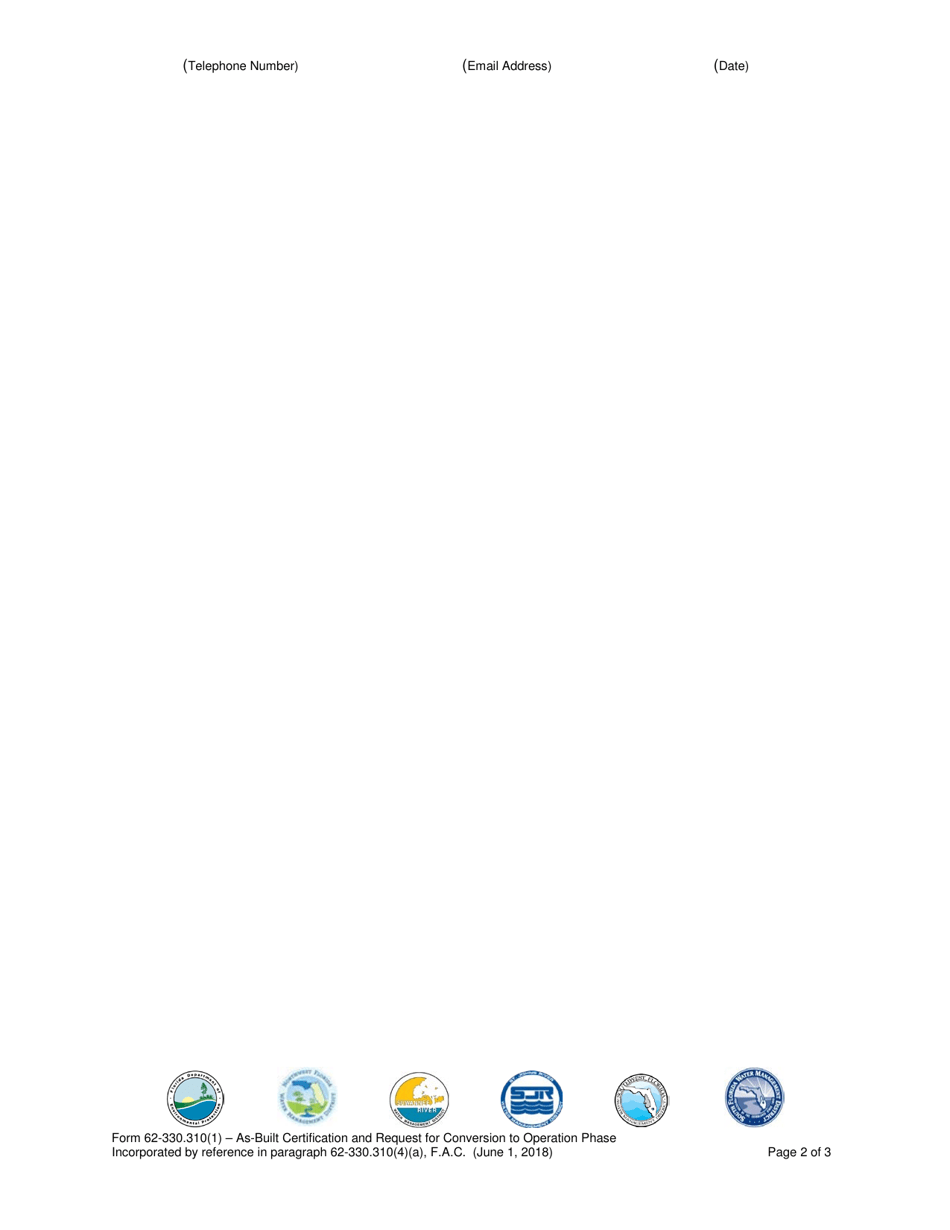 DEP Form 62-330.310(1) As-Built Certification and Request for Conversion to Operation Phase - Florida, Page 2