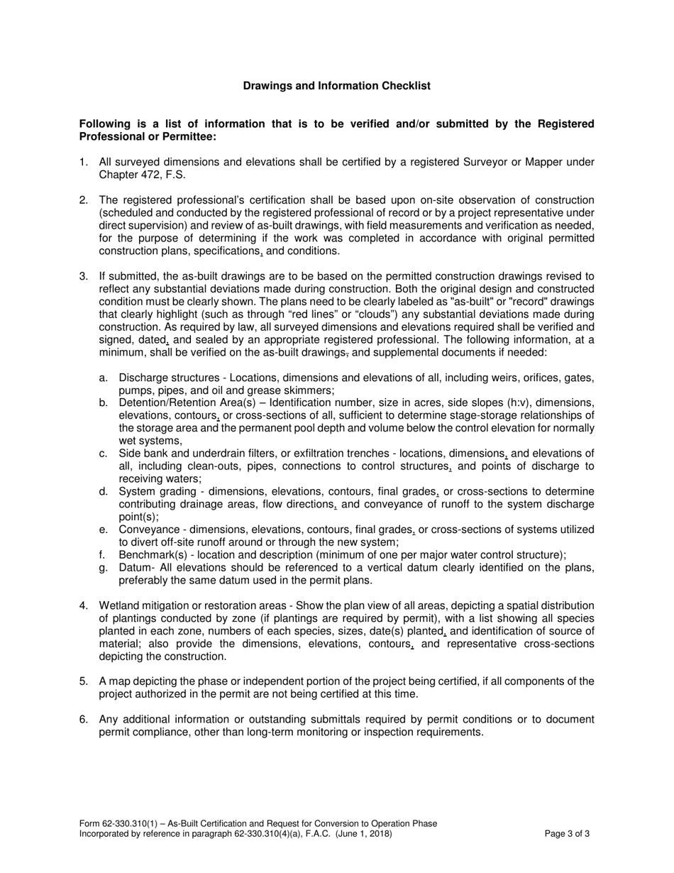 DEP Form 62-330.310(1) As-Built Certification and Request for Conversion to Operation Phase - Florida, Page 3