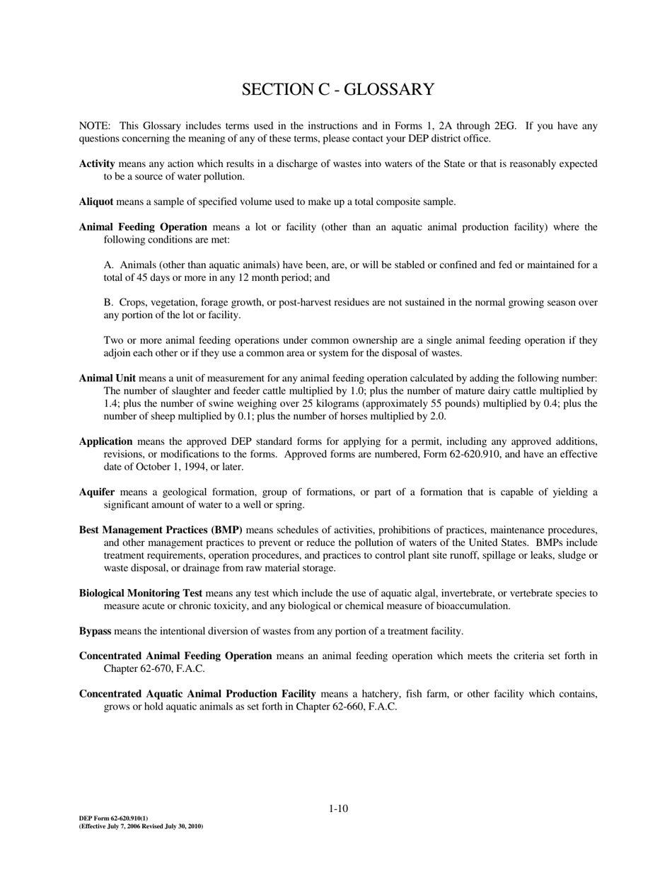 Form 1 (DEP Form 62-620.910(1)) Wastewater Facility or Activity Permit Application - Florida, Page 10