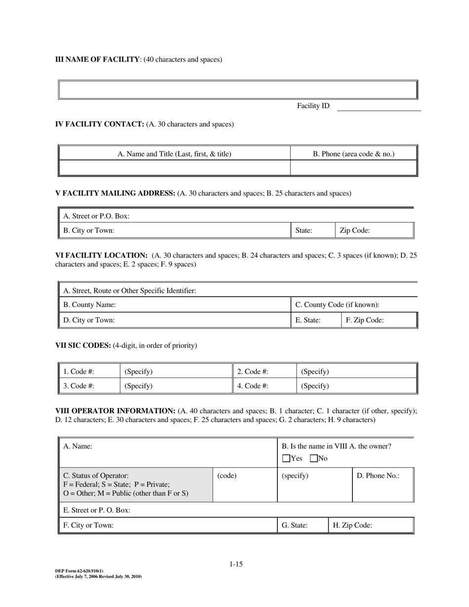 Form 1 (DEP Form 62-620.910(1)) Wastewater Facility or Activity Permit Application - Florida, Page 15