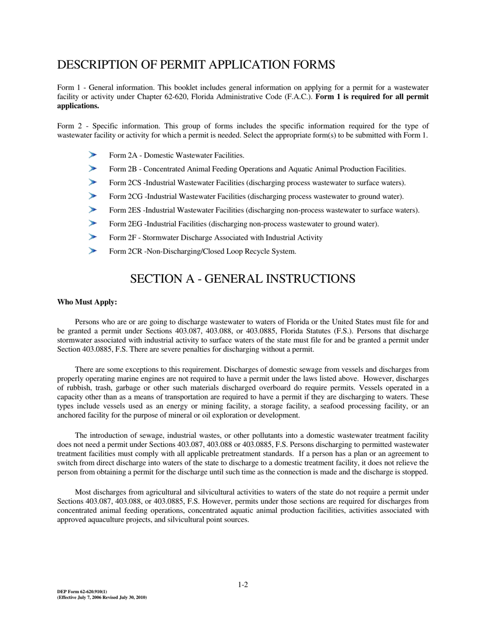 Form 1 (DEP Form 62-620.910(1)) Wastewater Facility or Activity Permit Application - Florida, Page 2