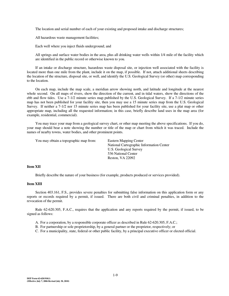 Form 1 (DEP Form 62-620.910(1)) Wastewater Facility or Activity Permit Application - Florida, Page 9