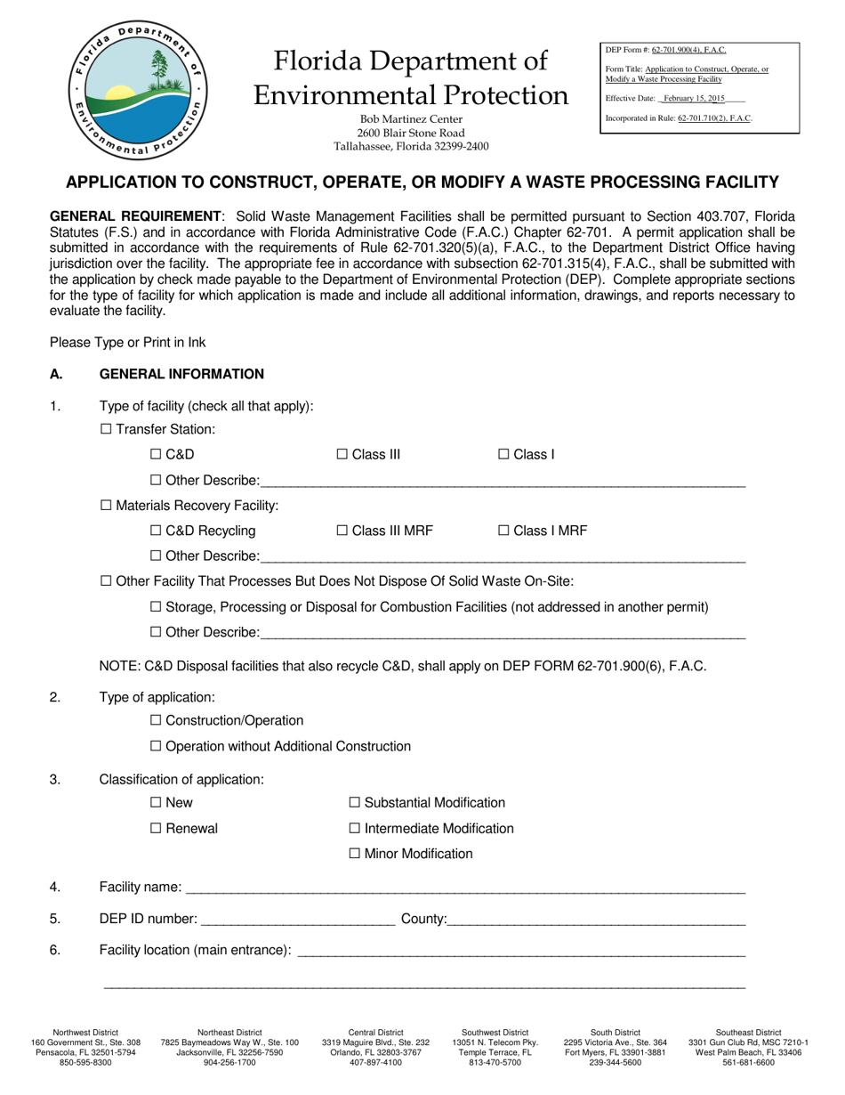 DEP Form 62-701.900(4) Application to Construct, Operate, or Modify a Waste Processing Facility - Florida, Page 1