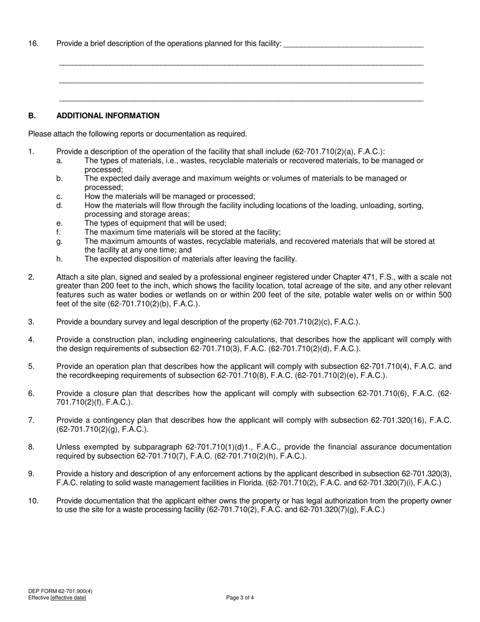 DEP Form 62-701.900(4) Application to Construct, Operate, or Modify a Waste Processing Facility - Florida, Page 3