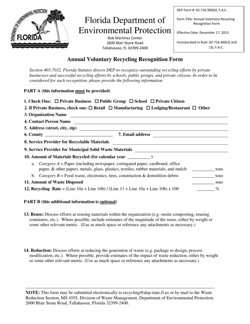 DEP Form 62-716.900(6) Annual Voluntary Recycling Recognition Form - Florida