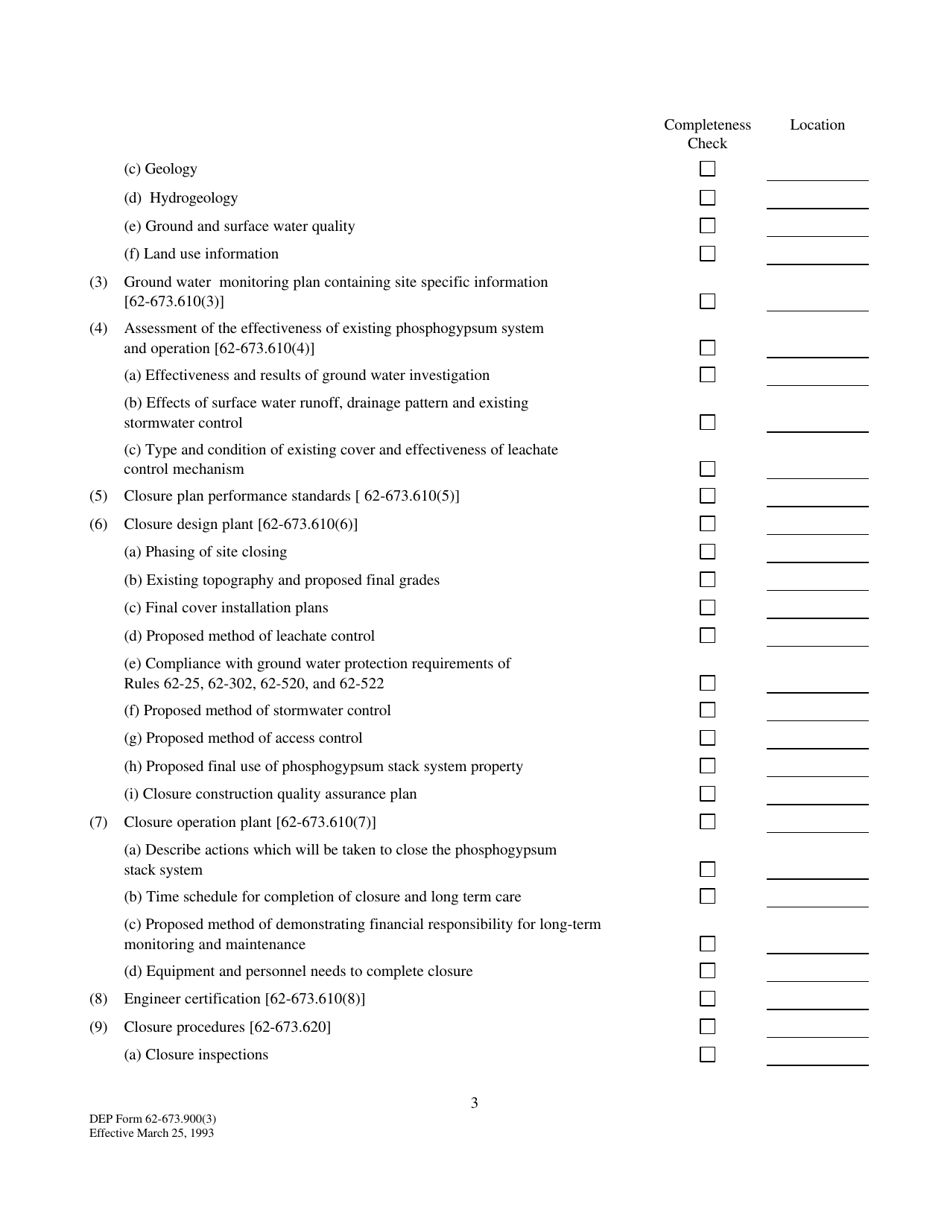 DEP Form 62-673.900(3) Hosphogypsum Stack System Closure Permit Application - Florida, Page 3