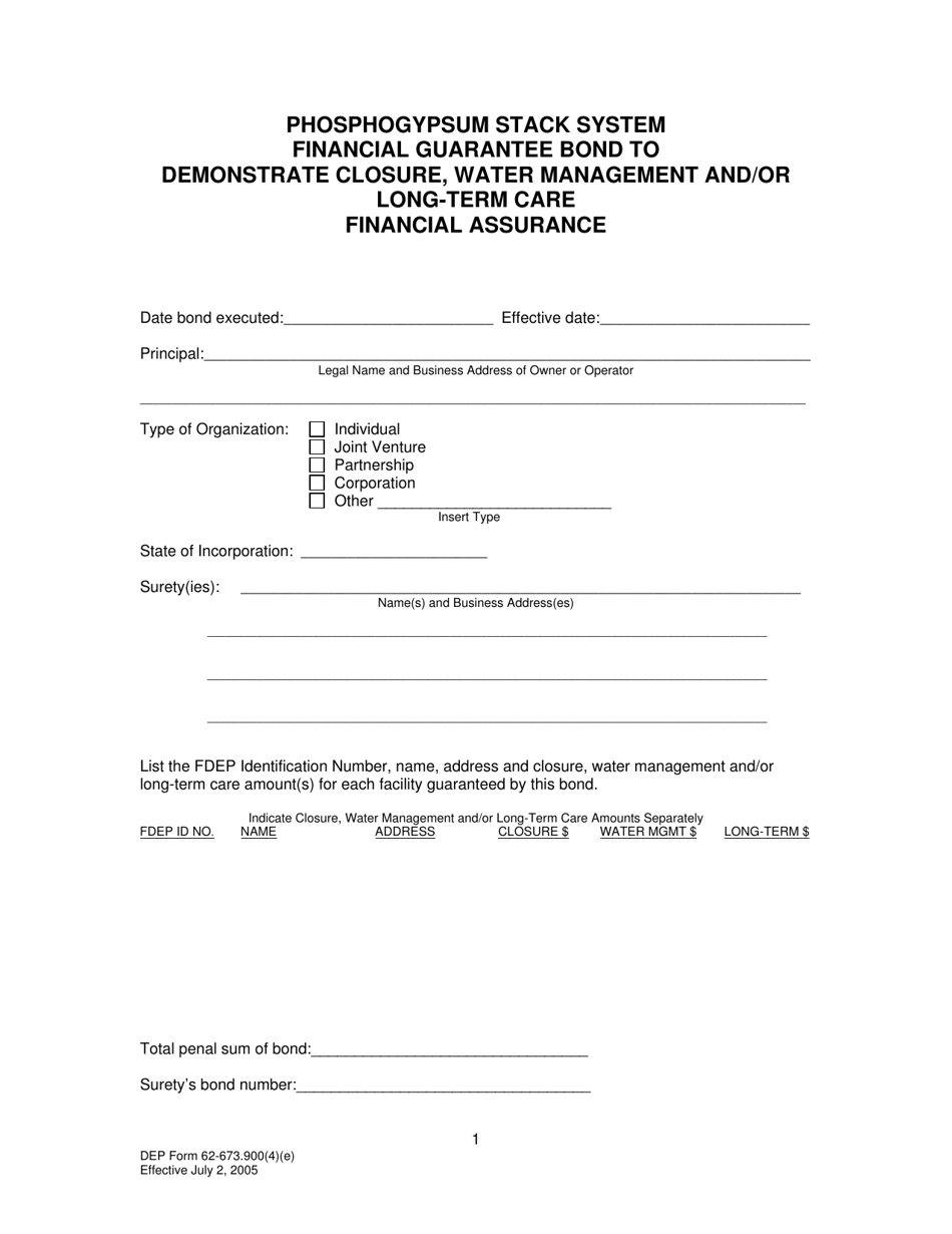DEP Form 62-673.900(4)(E) Phosphogypsum Stack System Financial Guarantee Bond to Demonstrate Closure, Water Management and/or Long-Term Care Financial Assurance - Florida, Page 1