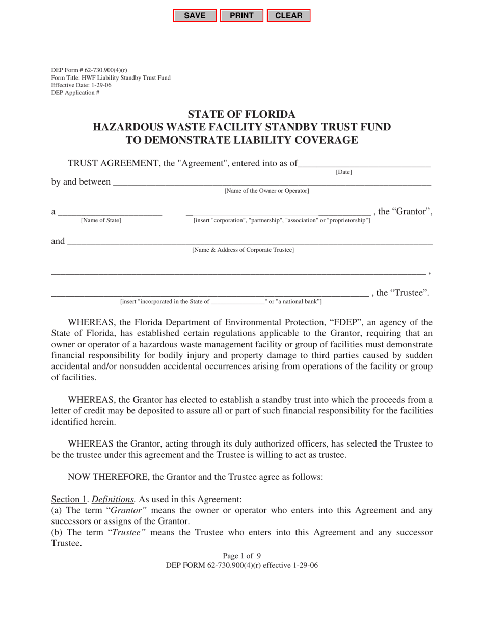 DEP Form 62-730.900(4)(R) Hazardous Waste Facility Standby Trust Fund to Demonstrate Liability Coverage - Florida, Page 1
