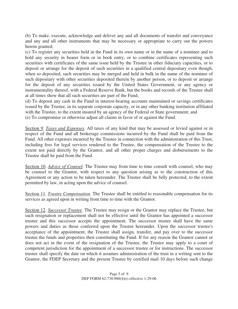 DEP Form 62-730.900(4)(R) Hazardous Waste Facility Standby Trust Fund to Demonstrate Liability Coverage - Florida, Page 5