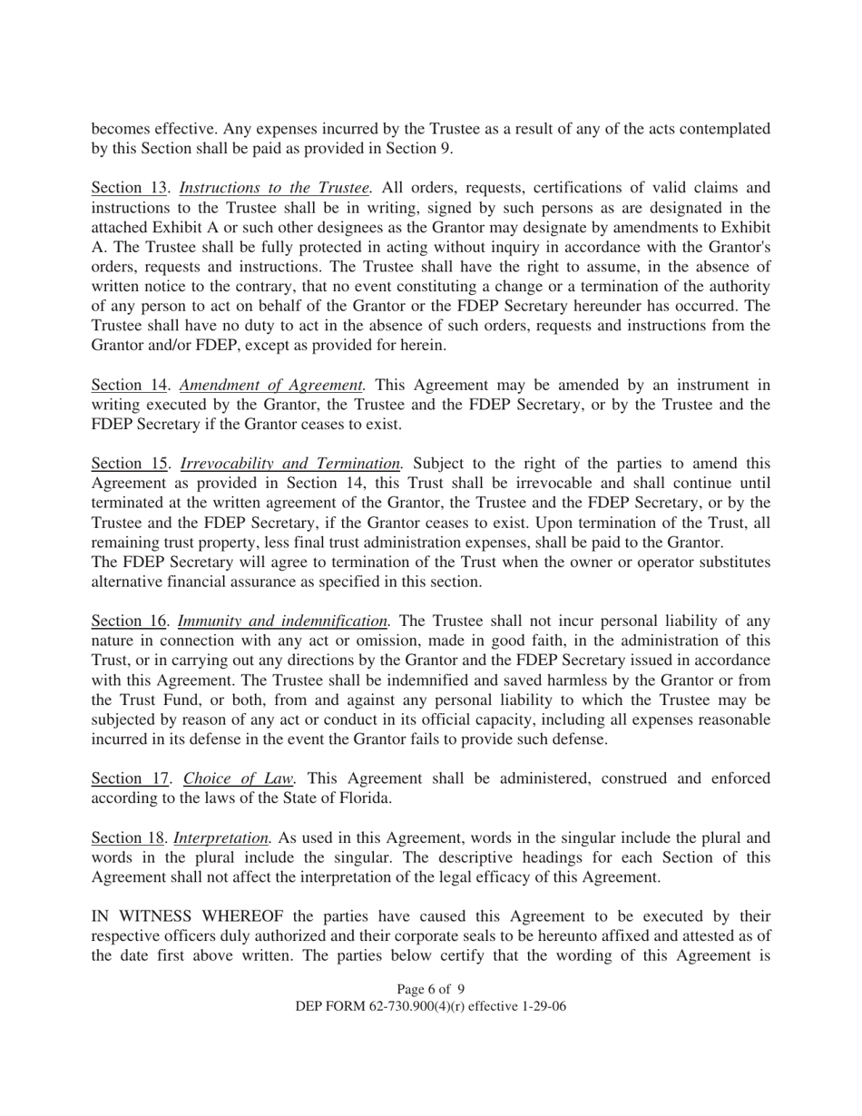 DEP Form 62-730.900(4)(R) Hazardous Waste Facility Standby Trust Fund to Demonstrate Liability Coverage - Florida, Page 6