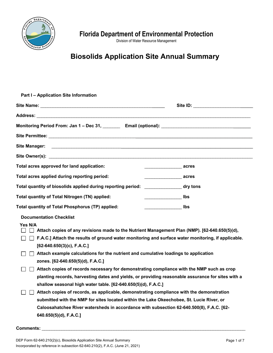DEP Form 62-640.210(2)(C) Biosolids Application Site Annual Summary - Florida, Page 1