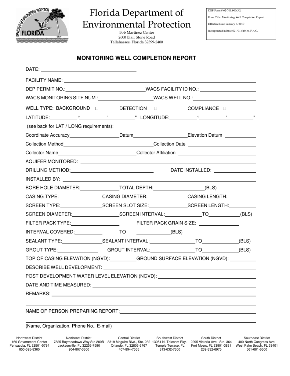 DEP Form 62-701.900(30) Monitoring Well Completion Report - Florida, Page 1