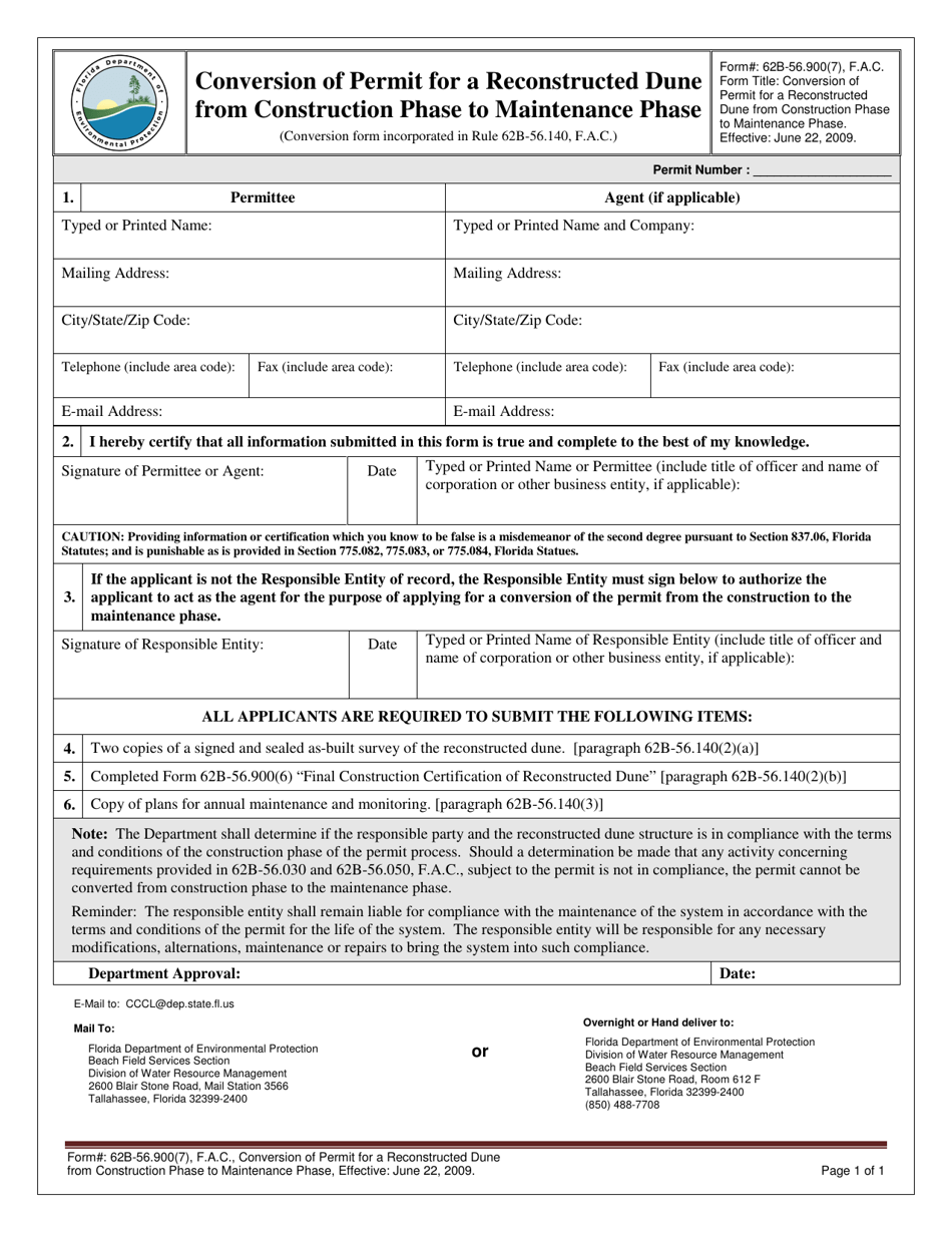Form 62B-56.900(7) Conversion of Permit for a Reconstructed Dune From Construction Phase to Maintenance Phase - Florida, Page 1