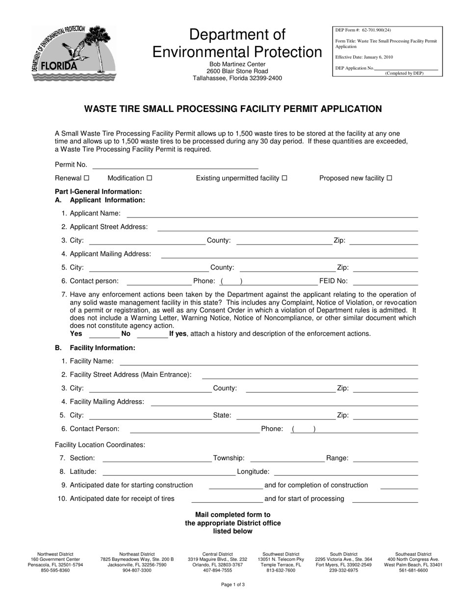 DEP Form 62-701.900(24) Waste Tire Small Processing Facility Permit Application - Florida, Page 1