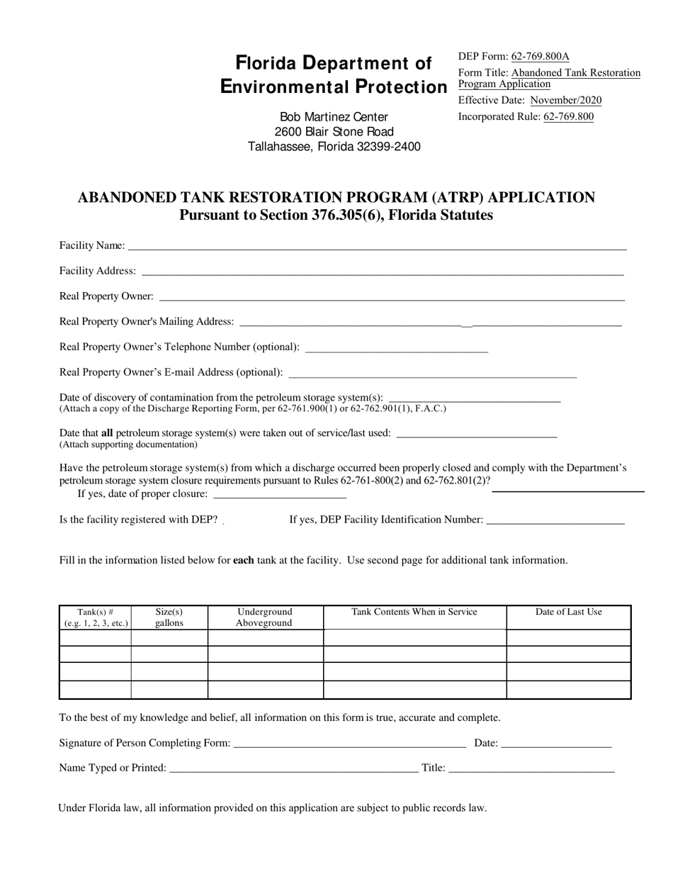 DEP Form 62-769.800A Abandoned Tank Restoration Program (Atrp) Application - Florida, Page 1